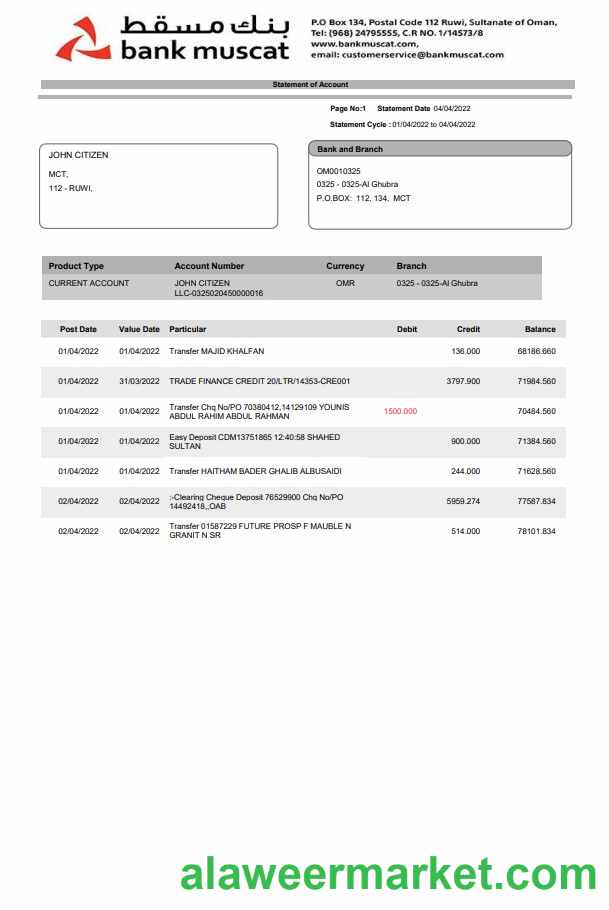 Oman Bank Muscat bank statement